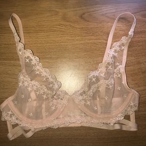 free people sheer pink bra with white embroidery